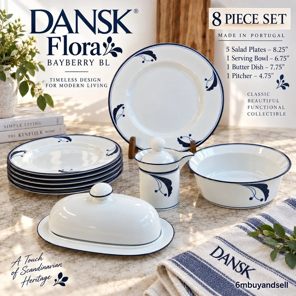 Dansk Flora Bayberry Blue Portugal 8pc Set Plates Bowl Bistro Butter